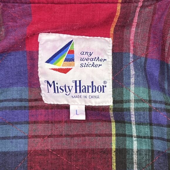 Misty Harbor Vintage Any Weather Slicker Hooded Raincoat Navy Red Plaid Size L - Picture 9 of 11